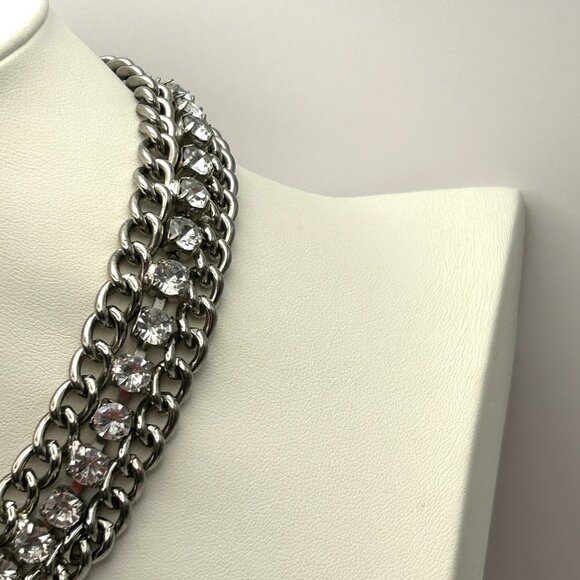 Cookie Lee Silver Tone Double Row Rhinestone Statement Adjustable Necklace - Picture 3 of 10